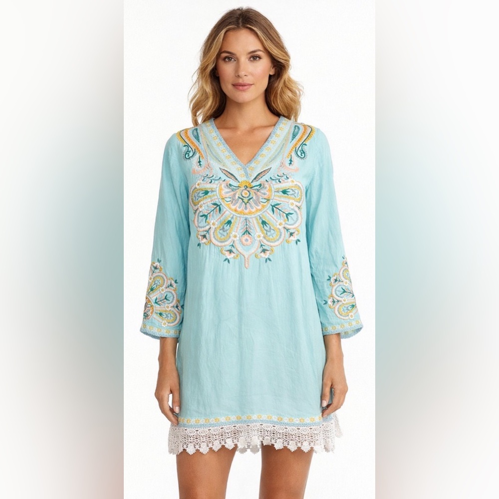 Soft Surroundings Blue River Island Embroidered Tunic Boho Viscose Lace Hem XS